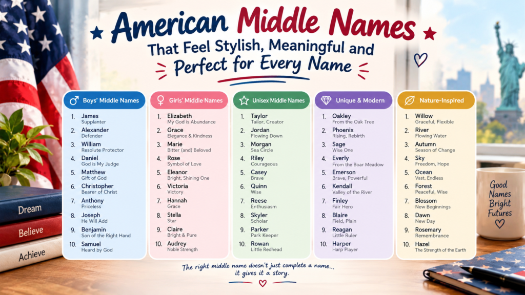 American Middle Names That Feel Stylish Meaningful and Perfect for Every Name American middle names featuring stylish, meaningful, unique, and nature-inspired options for boys, girls, and unisex names.
