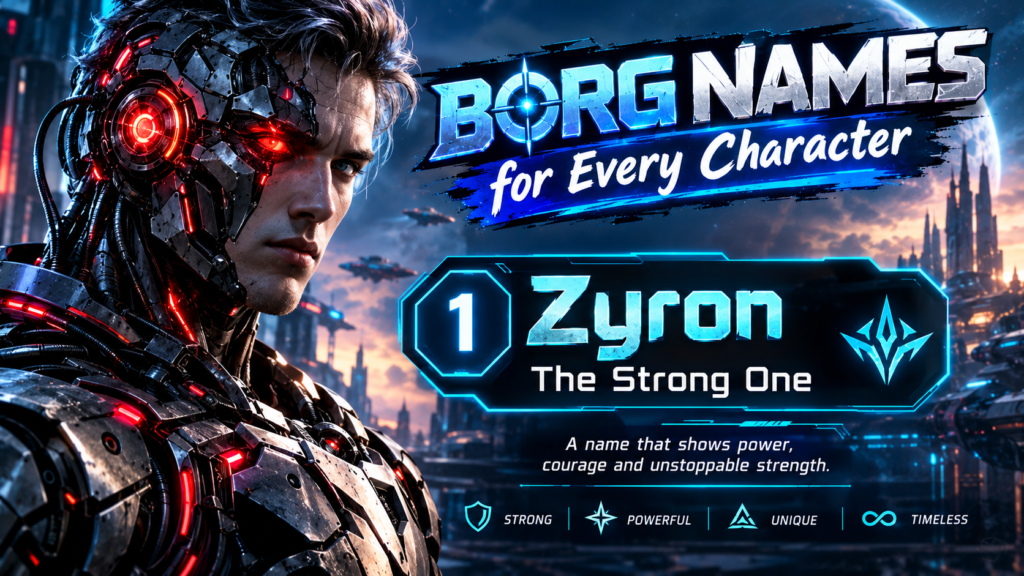 Borg name Zyron, the Strong One, featuring a futuristic cybernetic character, glowing red robotic armor, and a cinematic sci-fi space city background.