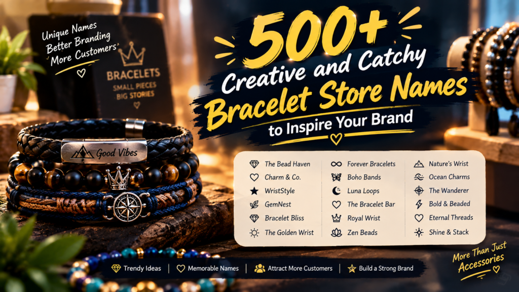 500+ Creative and Catchy Bracelet Store Names to Inspire Your Brand 500+ creative and catchy bracelet store names featuring stylish bead bracelets, gold charms, handmade jewelry, and unique business name ideas for branding inspiration.