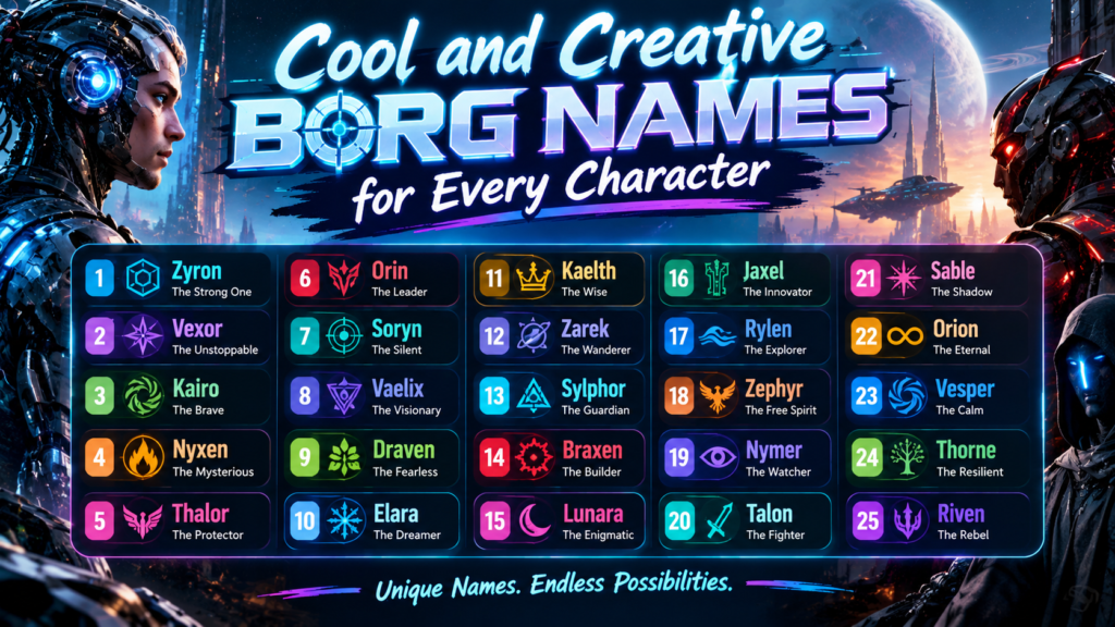 Cool and creative Borg names infographic featuring 25 unique futuristic character names with sci-fi robots, neon colors, and a cyberpunk space background.