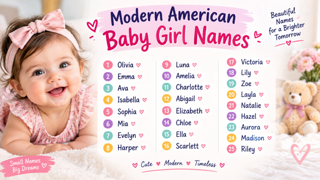 Modern American baby girl names featuring 25 cute and timeless names with a smiling baby girl, soft pastel colors, and nursery-themed design.