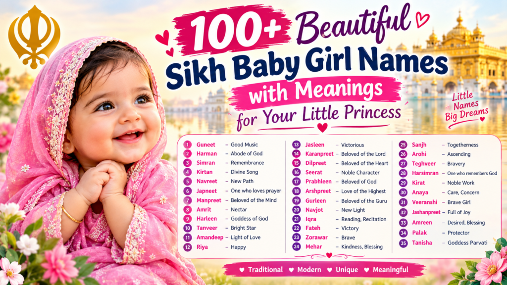 Beautiful Sikh baby girl names with meanings, featuring a baby in pink and the Golden Temple.