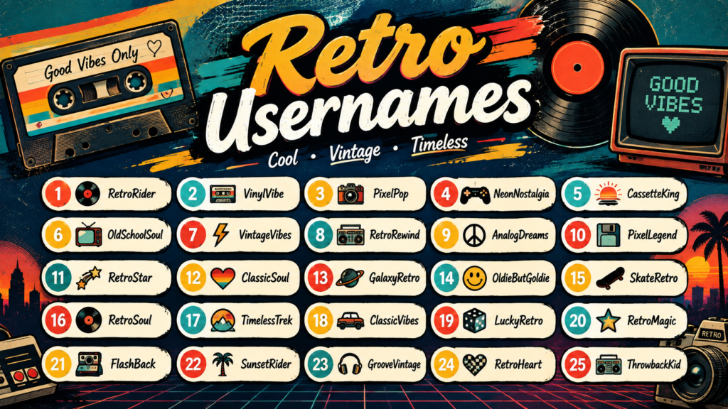 Retro Usernames graphic featuring 25 cool vintage username ideas with cassette tapes, vinyl records, arcade graphics, and nostalgic retro designs.