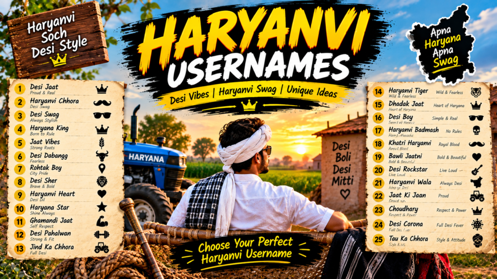 Haryanvi Usernames That Feel Desi Cool and Full of Haryanvi Swag Cool and catchy Haryanvi Usernames for Instagram, TikTok, and social media profiles
