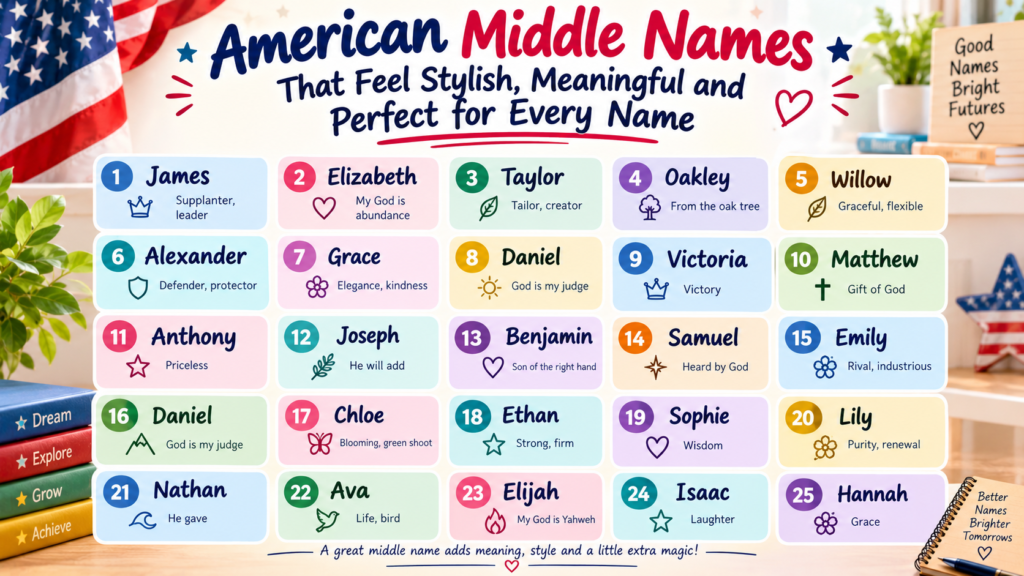 American Middle Names infographic featuring 25 stylish, meaningful, and unique middle names for boys and girls with meanings