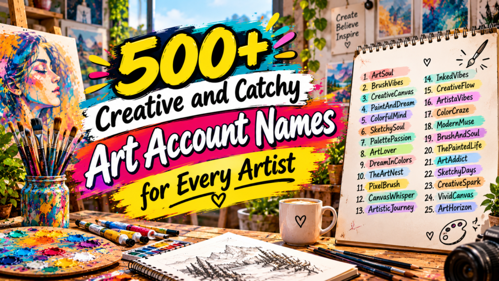 500+ creative and catchy art account names infographic featuring 25 unique art usernames, colorful paintings, paintbrushes, palettes, sketchbooks, and a vibrant artist studio.