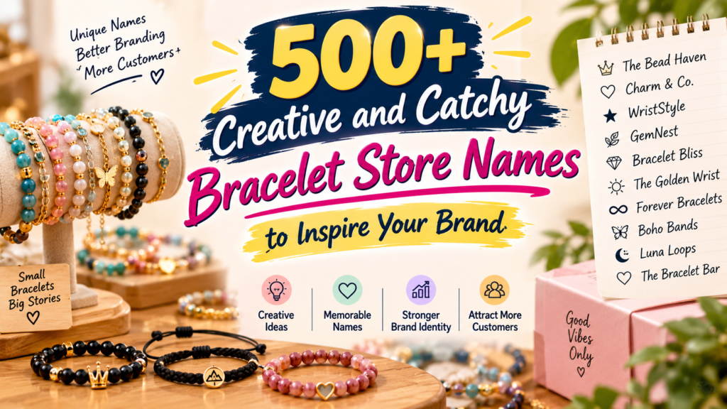 500+ creative and catchy bracelet store names featuring stylish bracelets, colorful beads, jewelry displays, and unique branding ideas for your business.