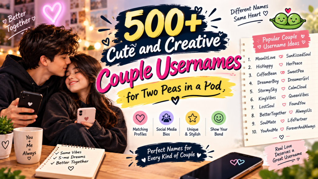 500+ cute and creative couple usernames infographic featuring matching social media names, a happy couple, romantic hearts, and unique username ideas for couples.