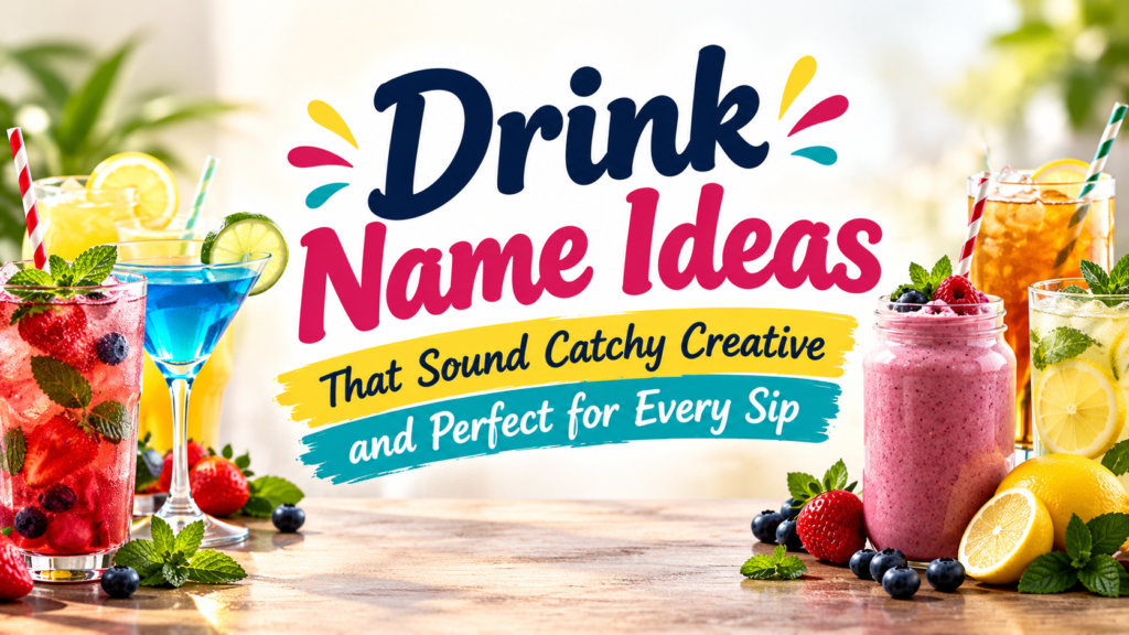 Drink Name Ideas That Sound Catchy Creative and Perfect for Every Sip Drink Name Ideas That Sound Catchy Creative and Perfect for Every Sip featuring colorful fruit drinks, berry smoothies, lemonade, blue beverages, fresh citrus, strawberries, blueberries, and mint in a bright, modern design.