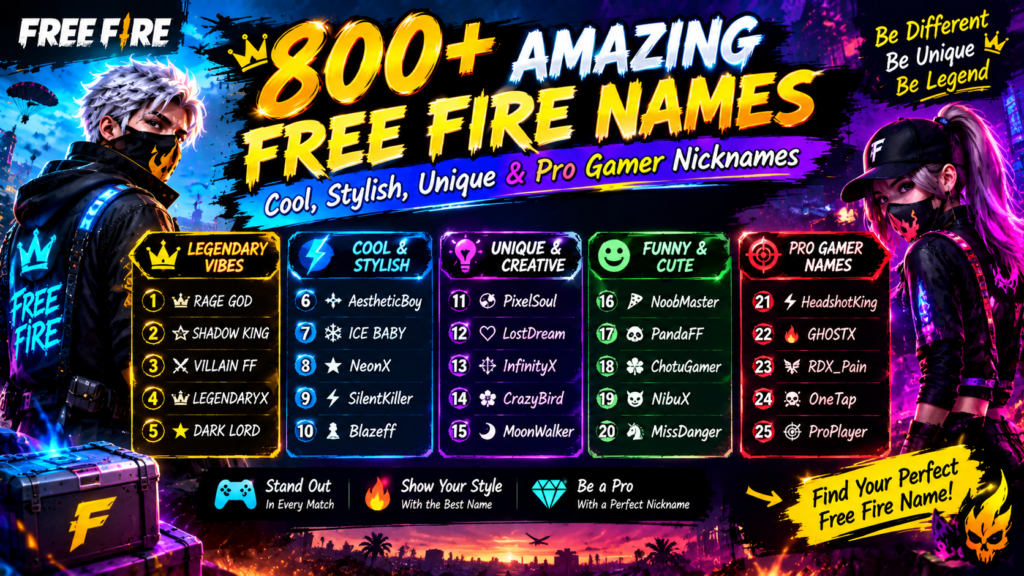 Unique Free Fire names featuring pro gamer tags and neon gaming characters.
