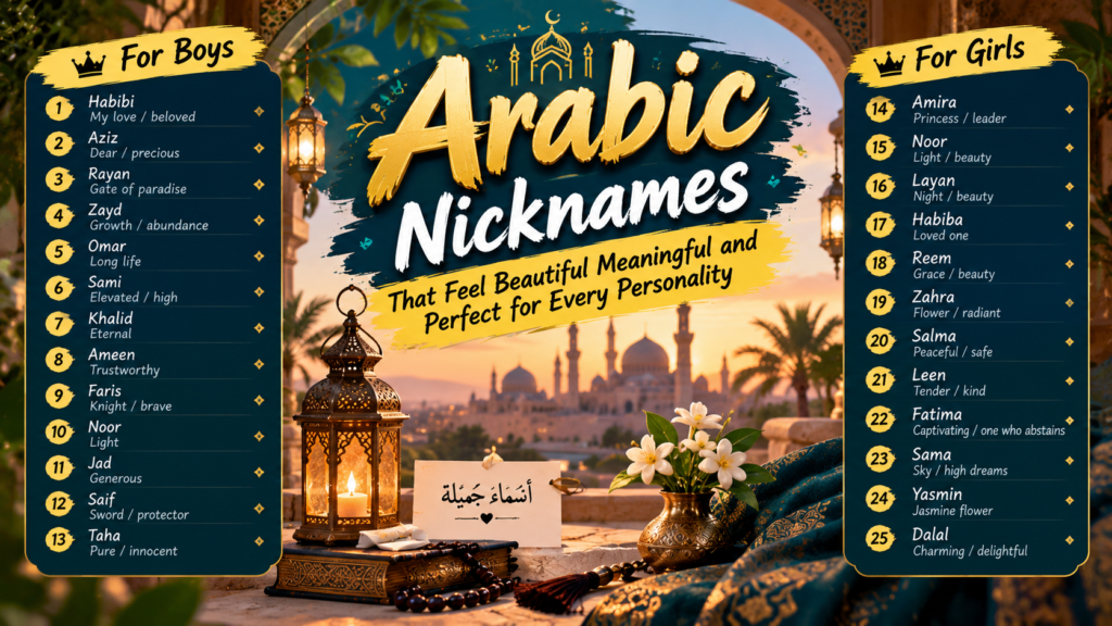 Arabic nicknames featuring beautiful names like Habibi, Aziz, Noor, Amira, and Zahra with meaningful ideas for boys and girls.