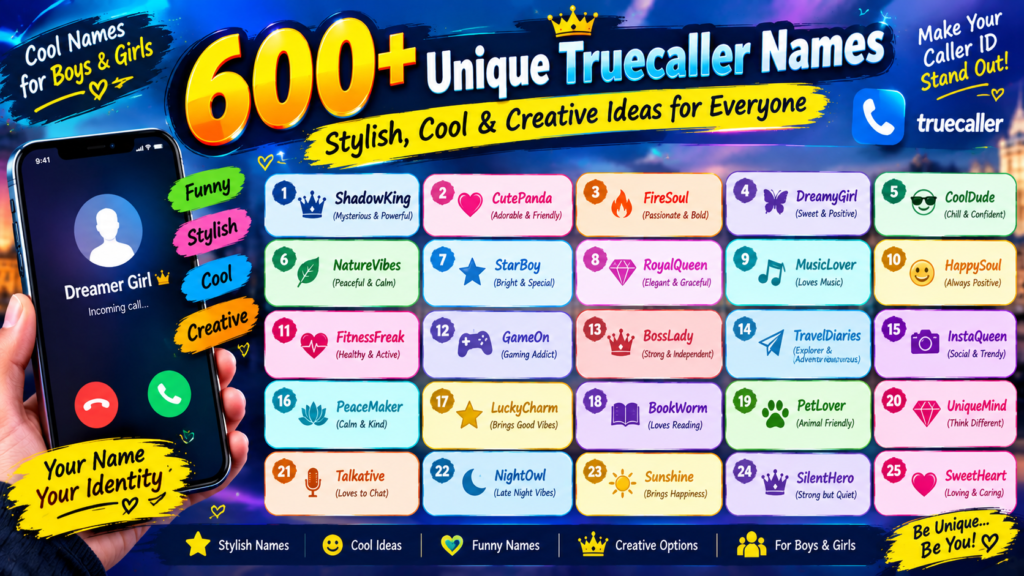 600+ unique Truecaller names featuring 25 stylish, cool, funny, and creative names for boys and girls.