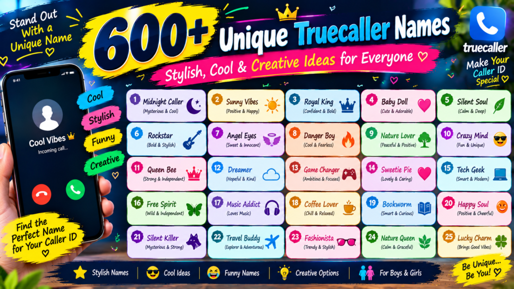 600+ unique Truecaller names featuring 25 cool, stylish, funny, and creative caller ID name ideas for boys and girls.