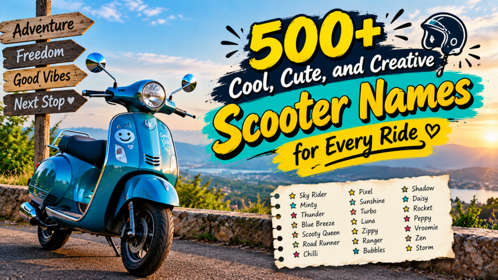 500+ cool, cute, and creative scooter names featuring a stylish blue scooter, scenic mountain road, and unique naming ideas for every ride.