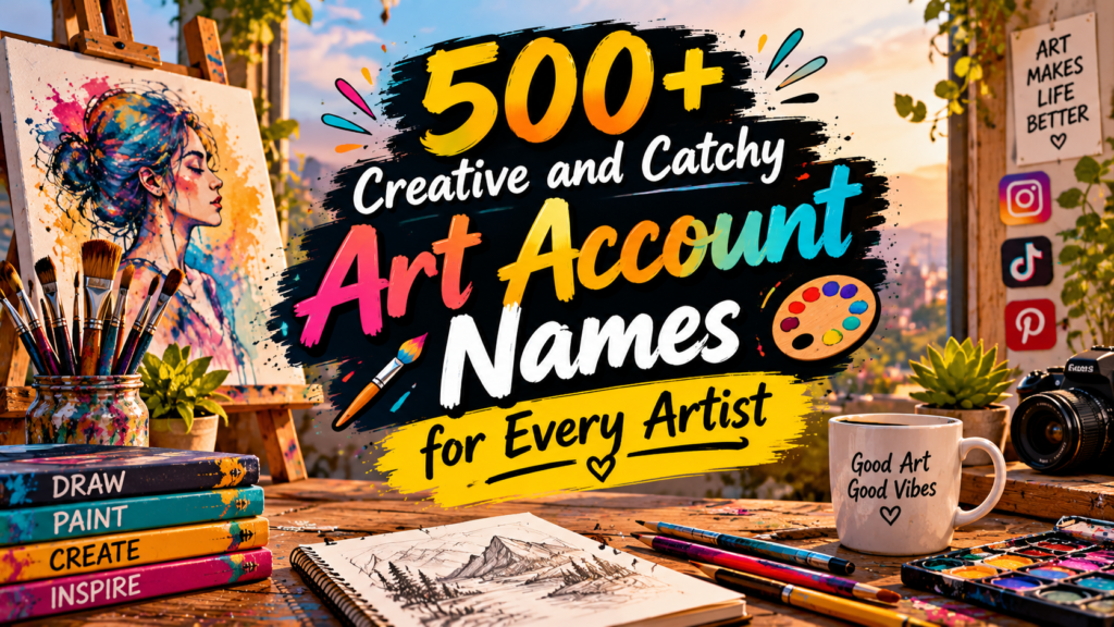 500+ Creative and Catchy Art Account Names for Every Artist 500+ creative and catchy art account names for every artist, featuring colorful artwork, paintbrushes, palettes, sketchbooks, and an inspiring artist workspace.