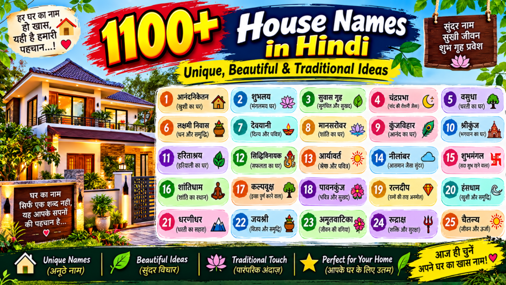 1100+ beautiful, unique, and traditional house names in Hindi with meanings.