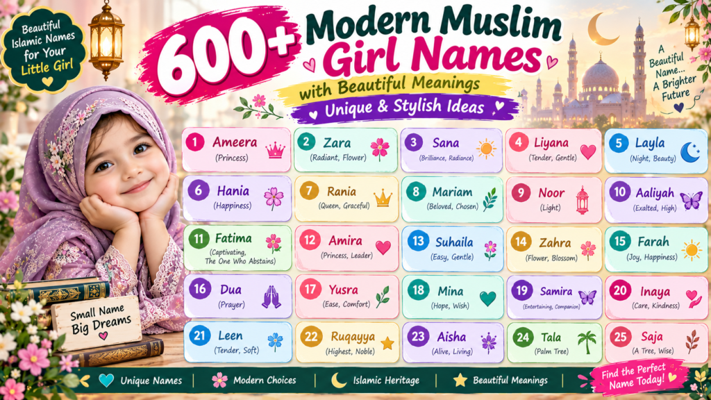 600+ modern Muslim girl names with unique meanings and stylish Islamic baby names.