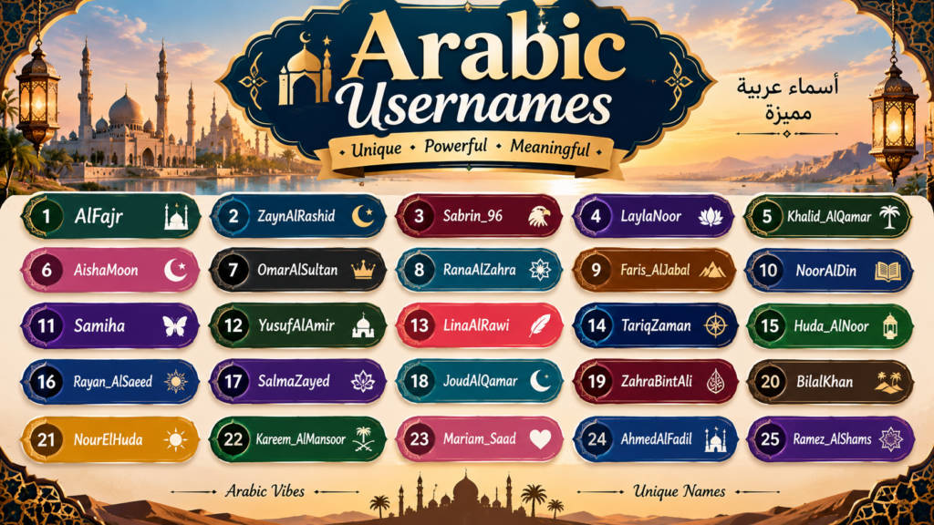 Arabic Usernames featuring 25 unique, powerful, and meaningful Arabic-inspired username ideas in a colorful Arabian-themed design with mosque and desert elements.