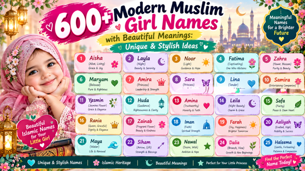 600+ modern Muslim girl names with beautiful meanings, featuring 25 unique and stylish Islamic baby girl names.