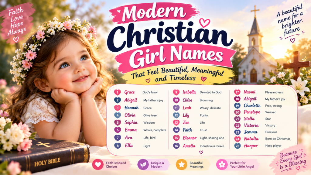Modern Christian Girl Names featuring 25 beautiful baby girl names with meanings, including Grace, Abigail, Hannah, Olivia, Sophia, Faith, Stella, and Naomi, with a floral design, Holy Bible, wooden cross, and church background.