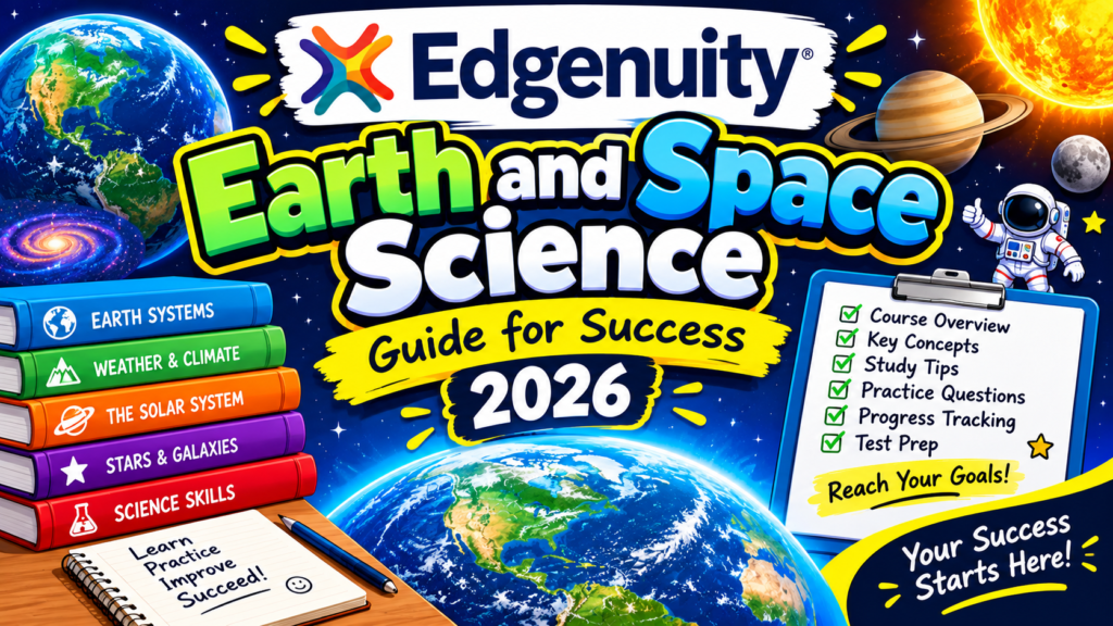 Edgenuity Earth and Space Science Guide for Success 2026 infographic featuring Earth, planets, stars, an astronaut, science books, and study tips for students.