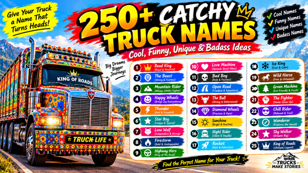 250+ catchy truck names with cool, funny, unique, and badass ideas featuring a colorful truck.