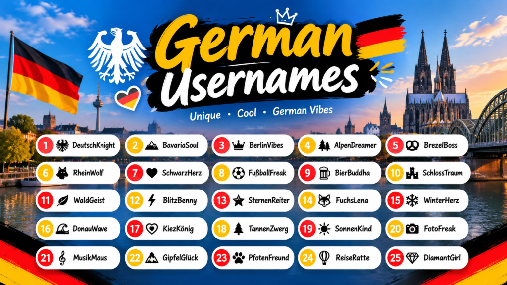 German Usernames with 25 cool, stylish, and unique German-inspired username ideas displayed over a scenic German city background.
