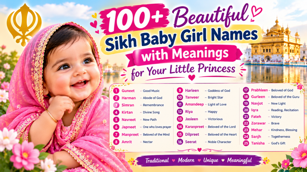 Beautiful Punjabi Sikh girl names with meanings, featuring the Golden Temple and a baby girl.