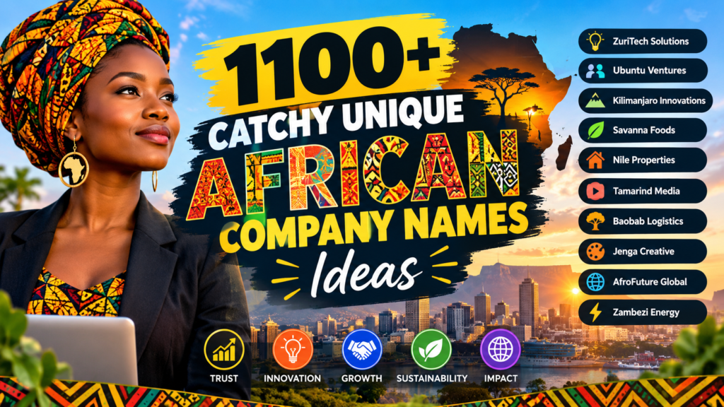1100+ Catchy Unique African Company Names Ideas featuring creative African business name examples, vibrant cultural patterns, African-inspired branding, and entrepreneurial inspiration.