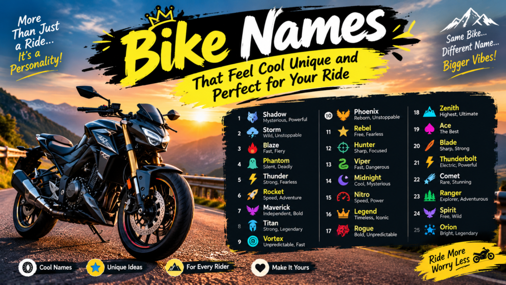 Bike Names That Feel Cool Unique and Perfect for Your Ride featuring 25 creative bike names, including Shadow, Storm, Blaze, Phantom, Thunder, Rocket, Maverick, and Phoenix, with a stylish black motorcycle on a scenic mountain road at sunset.