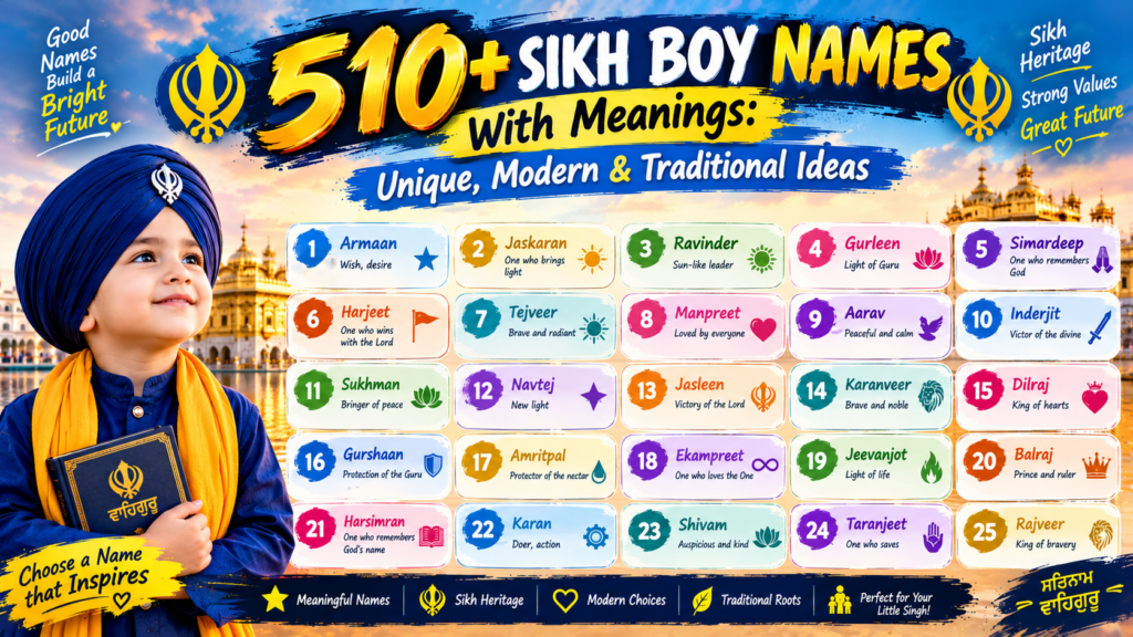 510+ Sikh boy names with meanings, featuring a young Sikh boy and Golden Temple.