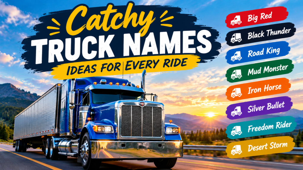 Catchy Truck Names Ideas featuring a blue semi truck on a scenic highway with popular truck names like Big Red, Black Thunder, Road King, Mud Monster, Iron Horse, Silver Bullet, Freedom Rider, and Desert Storm.