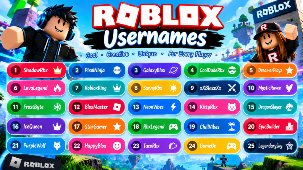 Roblox Username ideas featuring 25 cool, creative, and unique Roblox usernames in a colorful gaming-themed poster with Roblox avatars.