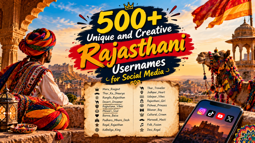 500+ unique and creative Rajasthani usernames for social media, featuring Rajasthan’s colorful culture, traditional turbans, desert landscapes, historic forts, and vibrant Indian heritage.