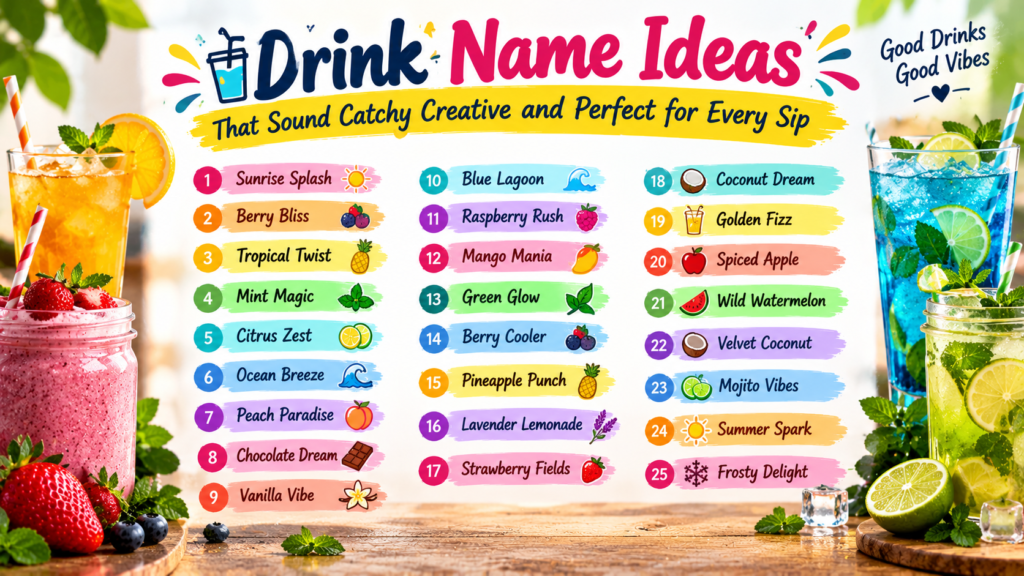 25 Drink Name Ideas That Sound Catchy Creative and Perfect for Every Sip, including Sunrise Splash, Berry Bliss, Tropical Twist, Mint Magic, Citrus Zest, Blue Lagoon, Mango Mania, Coconut Dream, Golden Fizz, and Summer Spark, with colorful drinks and fresh fruit illustrations.