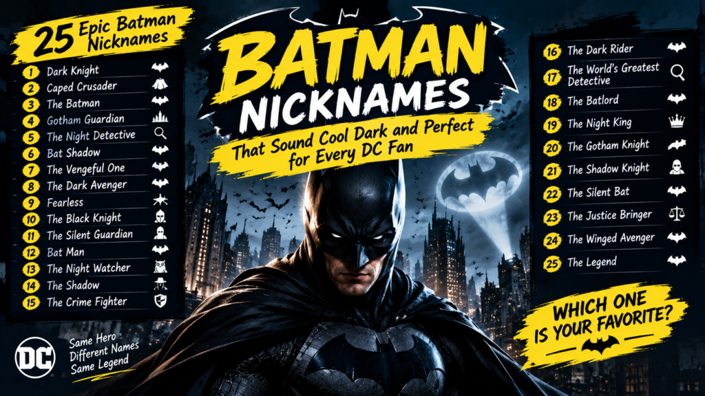 Batman Nicknames featuring 25 cool and dark names like Dark Knight, Caped Crusader, and Gotham Guardian.