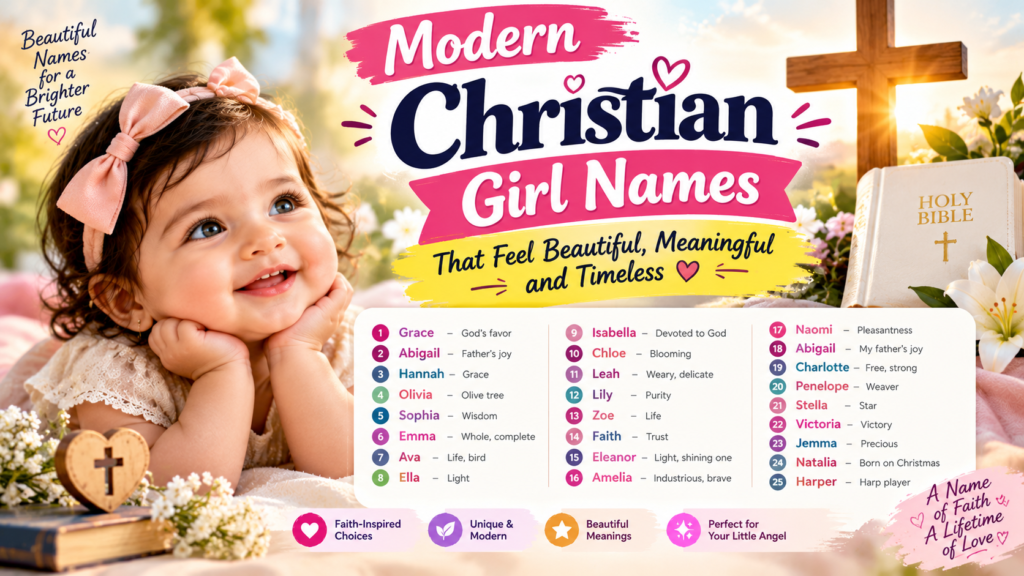 Modern Christian Girl Names That Feel Beautiful Meaningful and Timeless featuring 25 Christian baby girl names with meanings, including Grace, Abigail, Hannah, Olivia, Sophia, Faith, Stella, and Naomi, with a floral theme, Holy Bible, and church background.