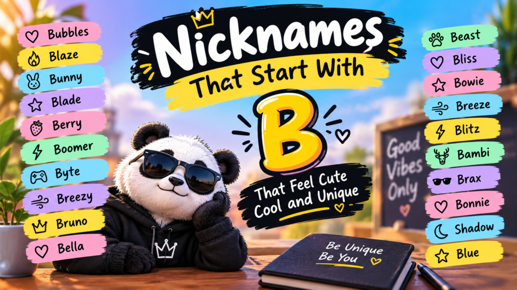 Nicknames That Start With B featuring cute, cool, and unique nickname ideas like Blaze, Bunny, Bella, Beast, and Bliss.