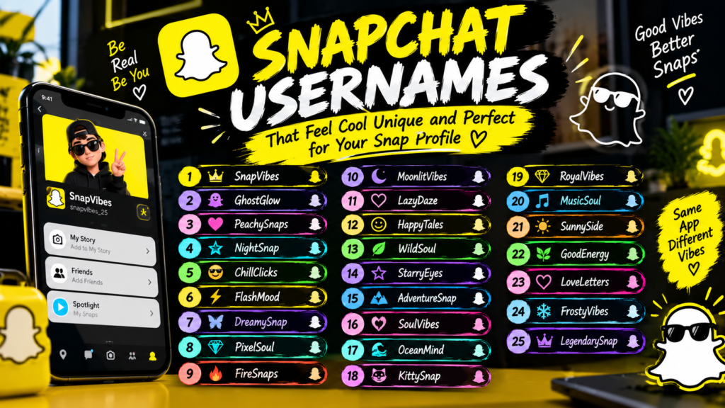 Snapchat usernames infographic featuring 25 cool and aesthetic names with a vibrant yellow and black design.