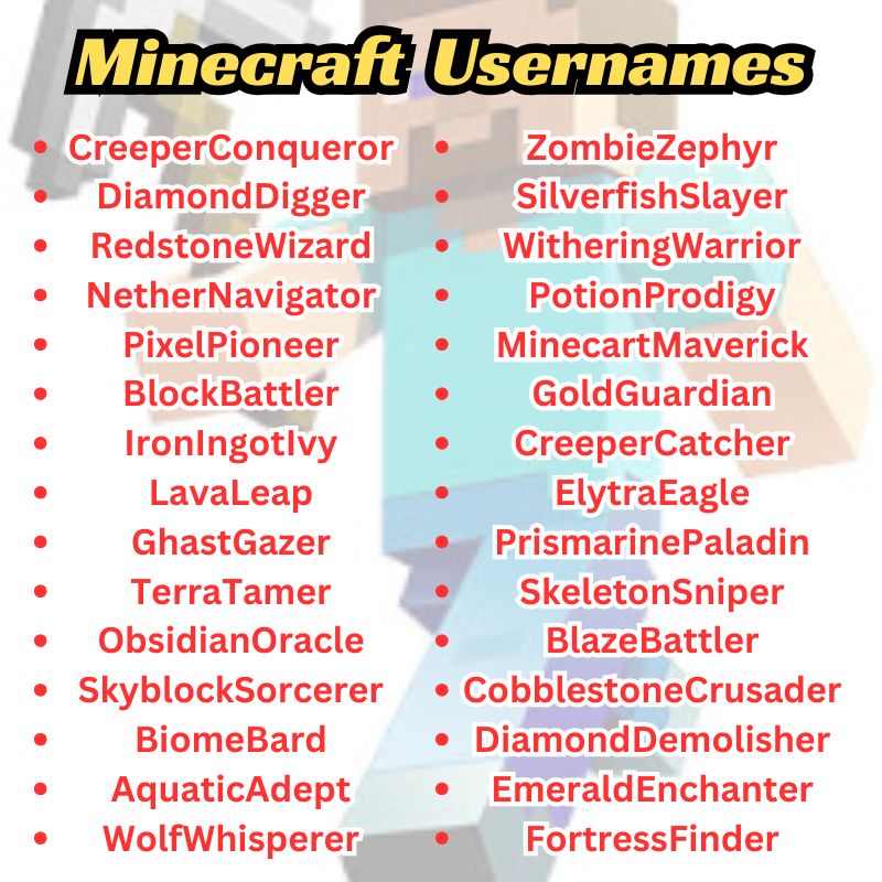 A list of unique and creative Minecraft usernames displayed on a pixelated background