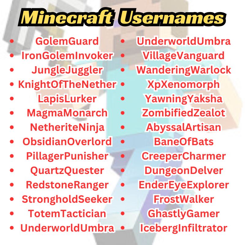 Cool and aesthetic Minecraft usernames highlighted in a bold, digital-style font