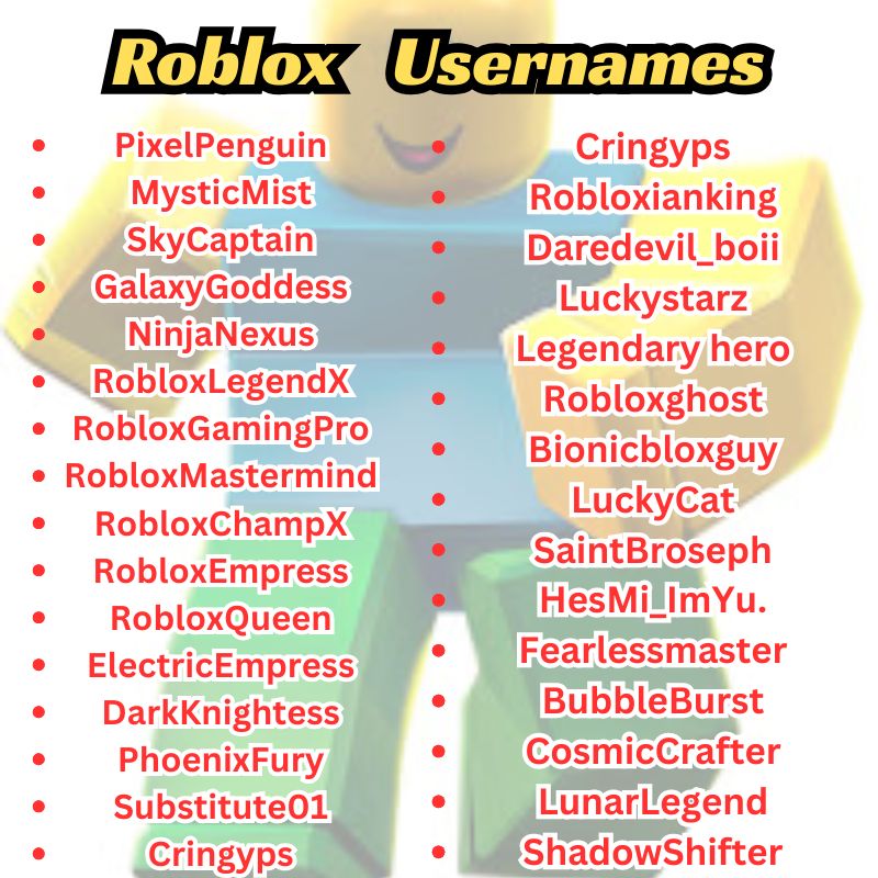 A list of creative and unique Roblox usernames on a colorful gaming background"