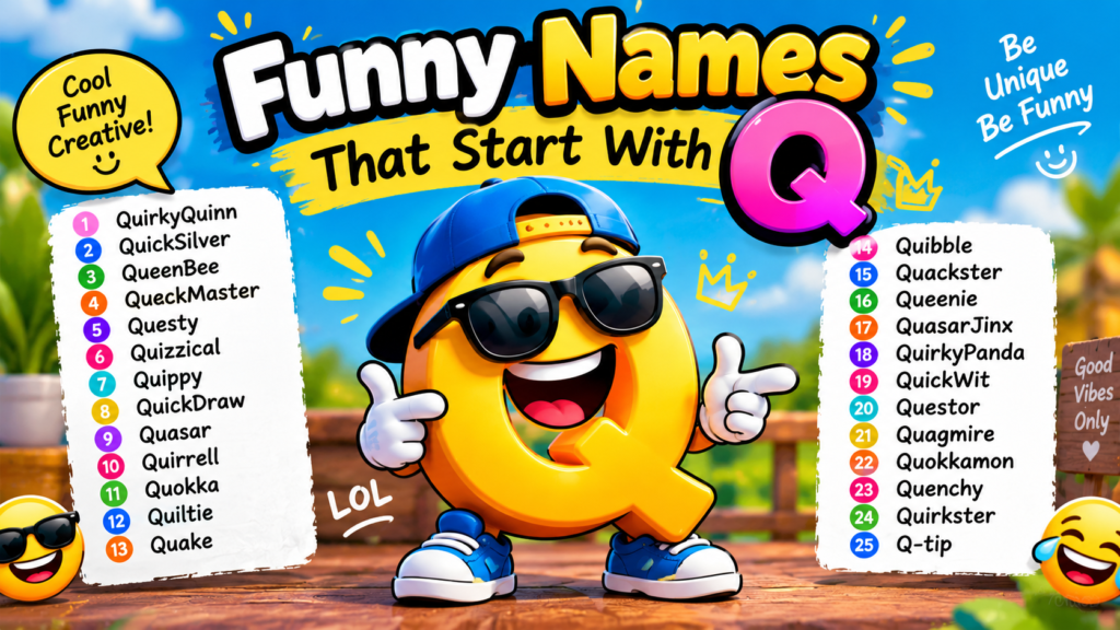 Funny Names That Start With Q featuring 25 funny names and a colorful cartoon Q chractor