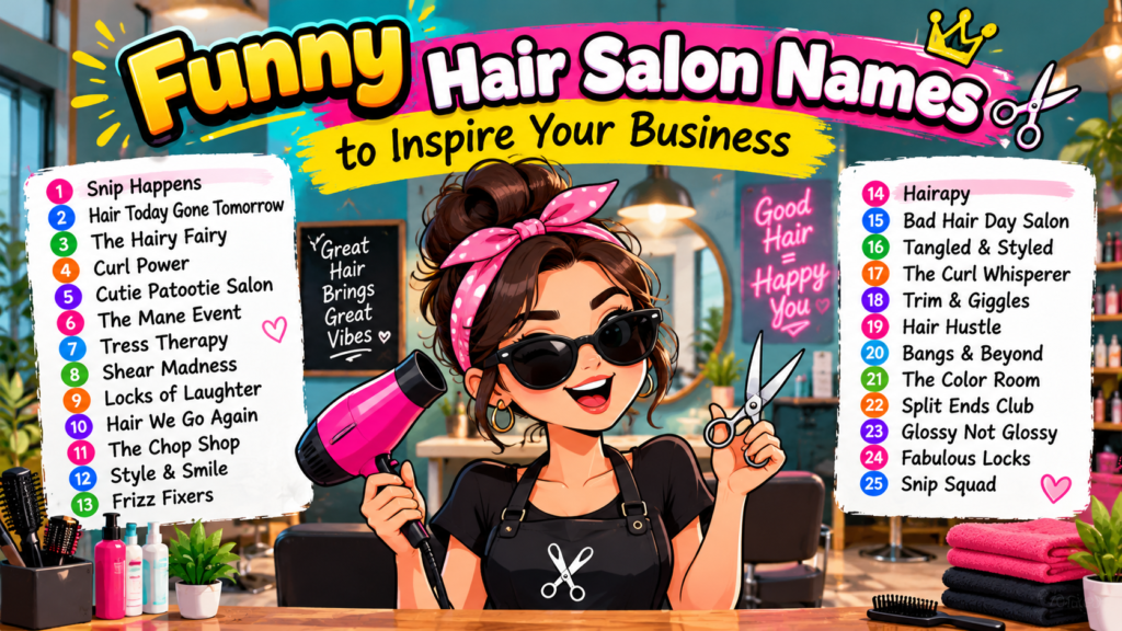 Funny Hair Salon Names featuring creative business name ideas in a colorful salon design.