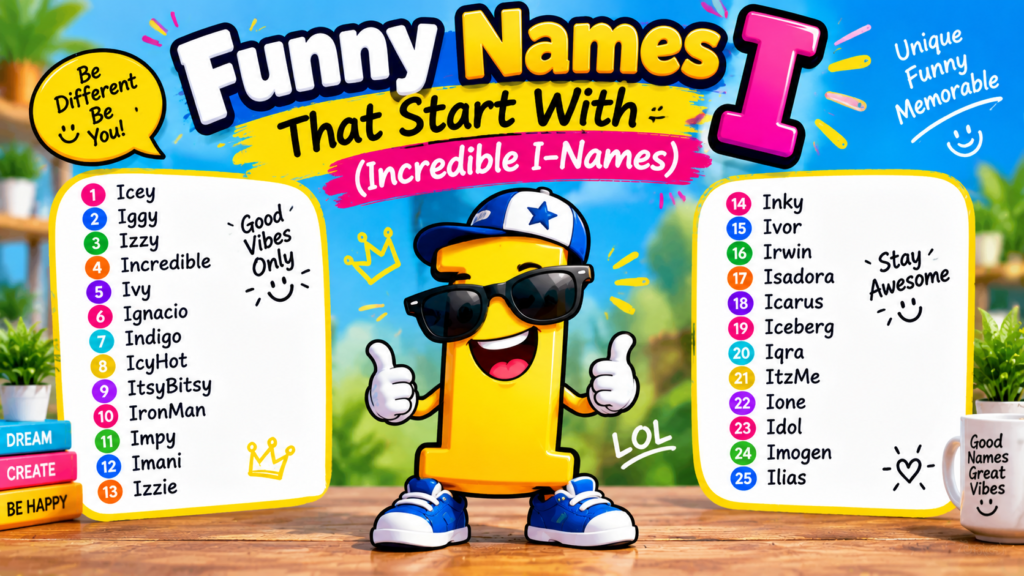 Funny Names That Start With I (Incredible I-Names) Funny Names That Start With I featuring 25 creative I-names in a colorful cartoon design.