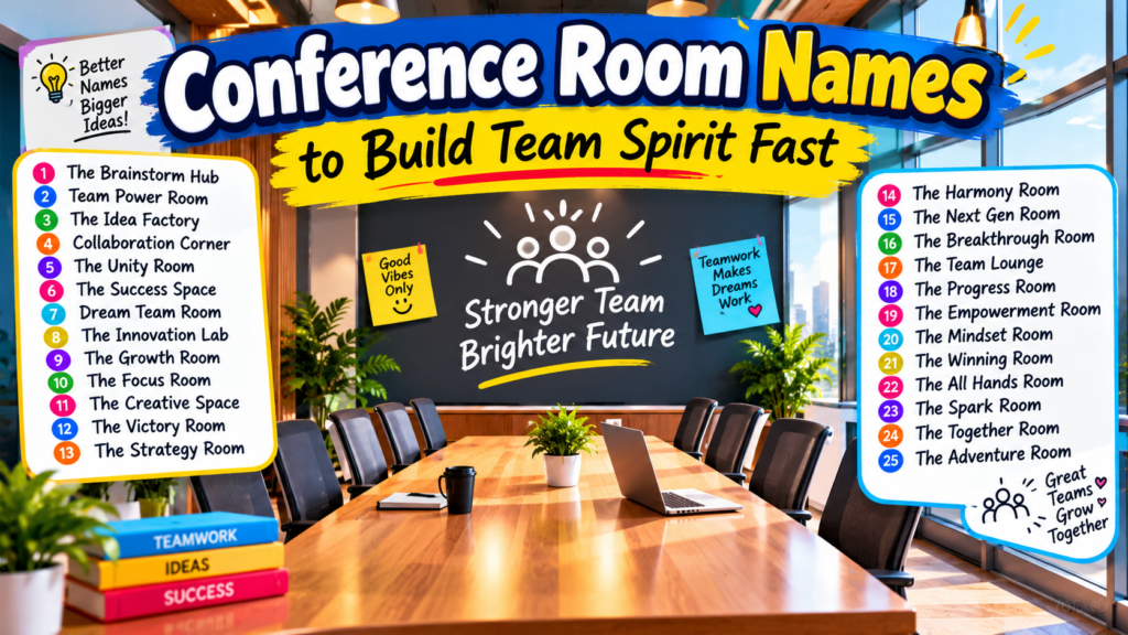 Conference Room Names featuring 25 creative ideas to build team spirit in a modern office.