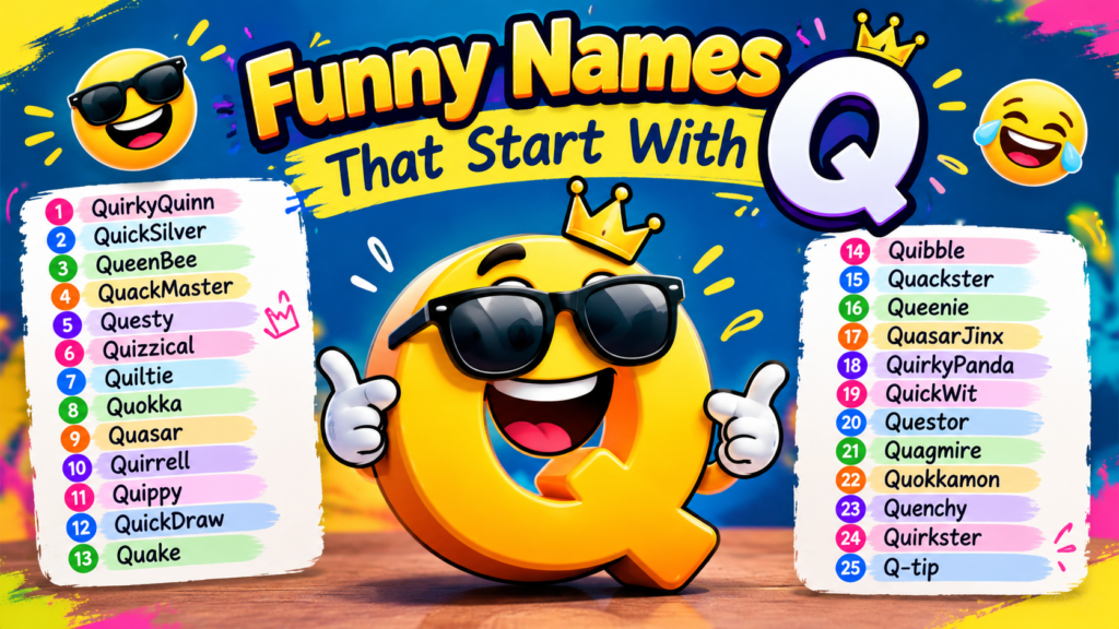 Funny Names That Start With Q (600+ Quirky & Hilarious Picks!) Funny Names That Start With Q featuring 25 hilarious names in a colorful cartoon design.