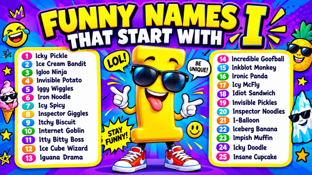 Funny Names That Start With I featuring 25 hilarious names in a colorful cartoon design.
