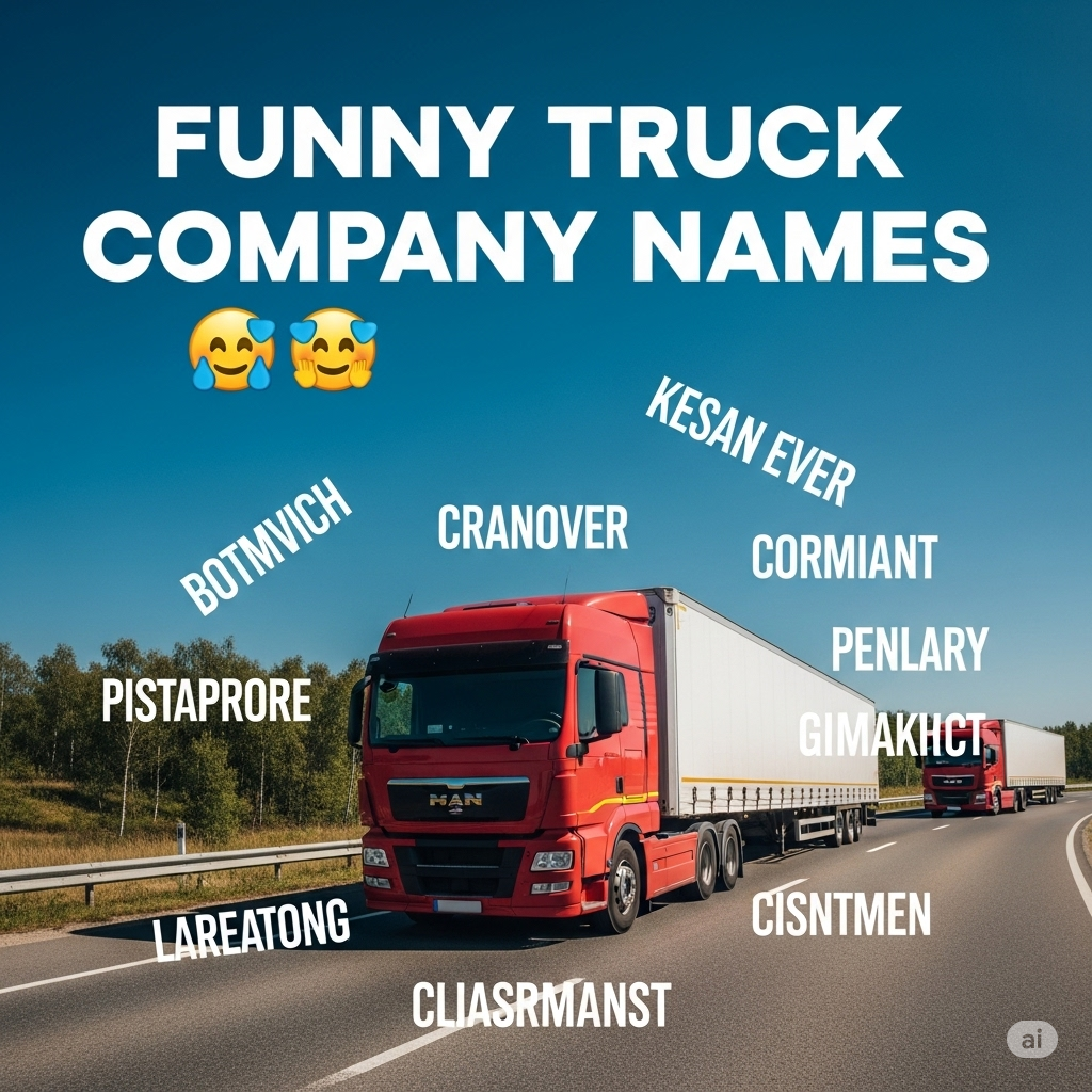  Infographic header for an article exploring innovative and memorable branding strategies, featuring the topic of funny names for trucking businesses.