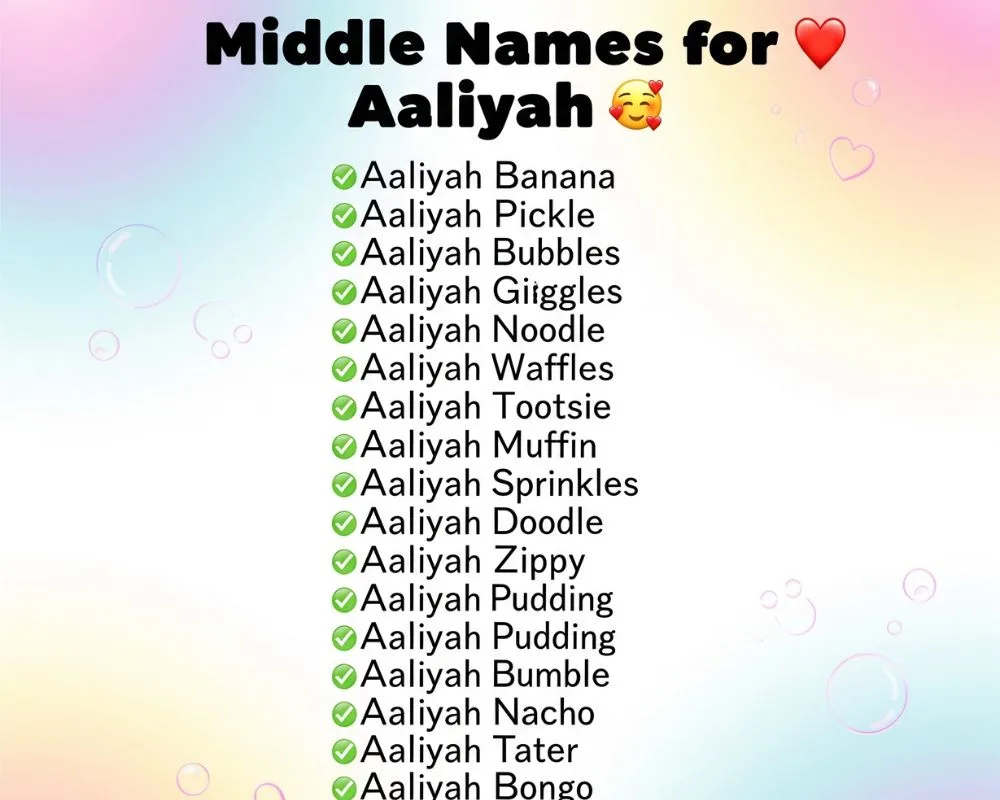Elegant baby name tag reading "Aaliyah" with a list of matching middle names in a soft pastel background


